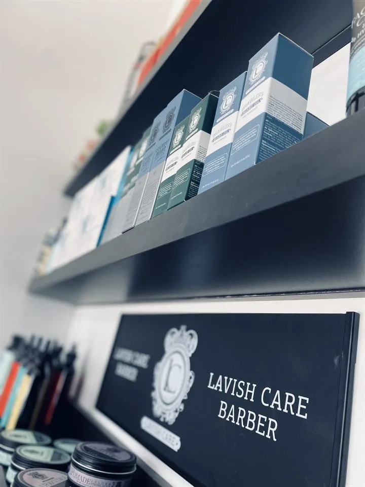 Beard oils on a shelf in the barbershop